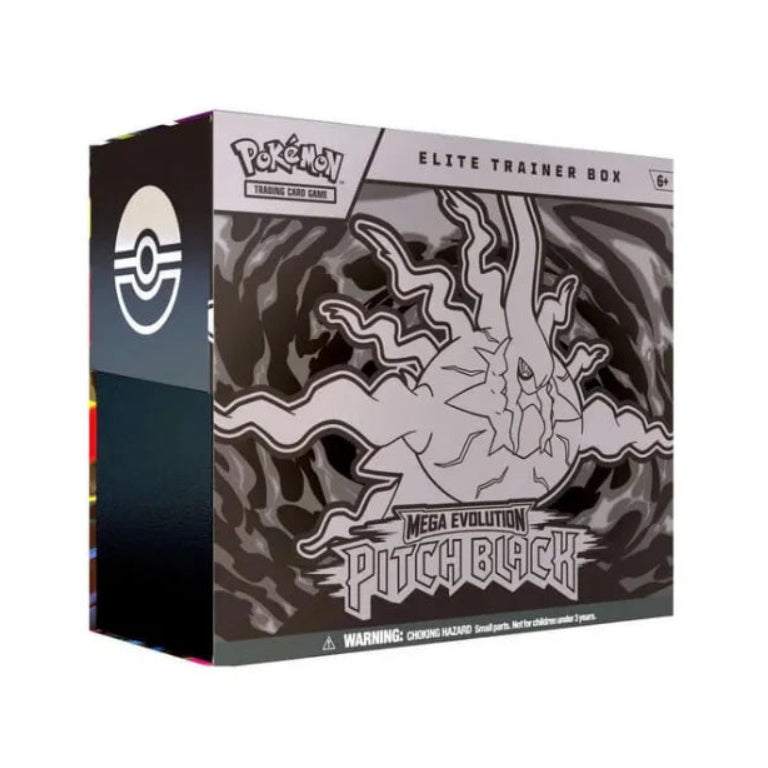 Pokémon Elite Trainer Box Mega Evolution Pitch Black box packaging, featuring a black and white illustration of Pitch Rock on a white background.