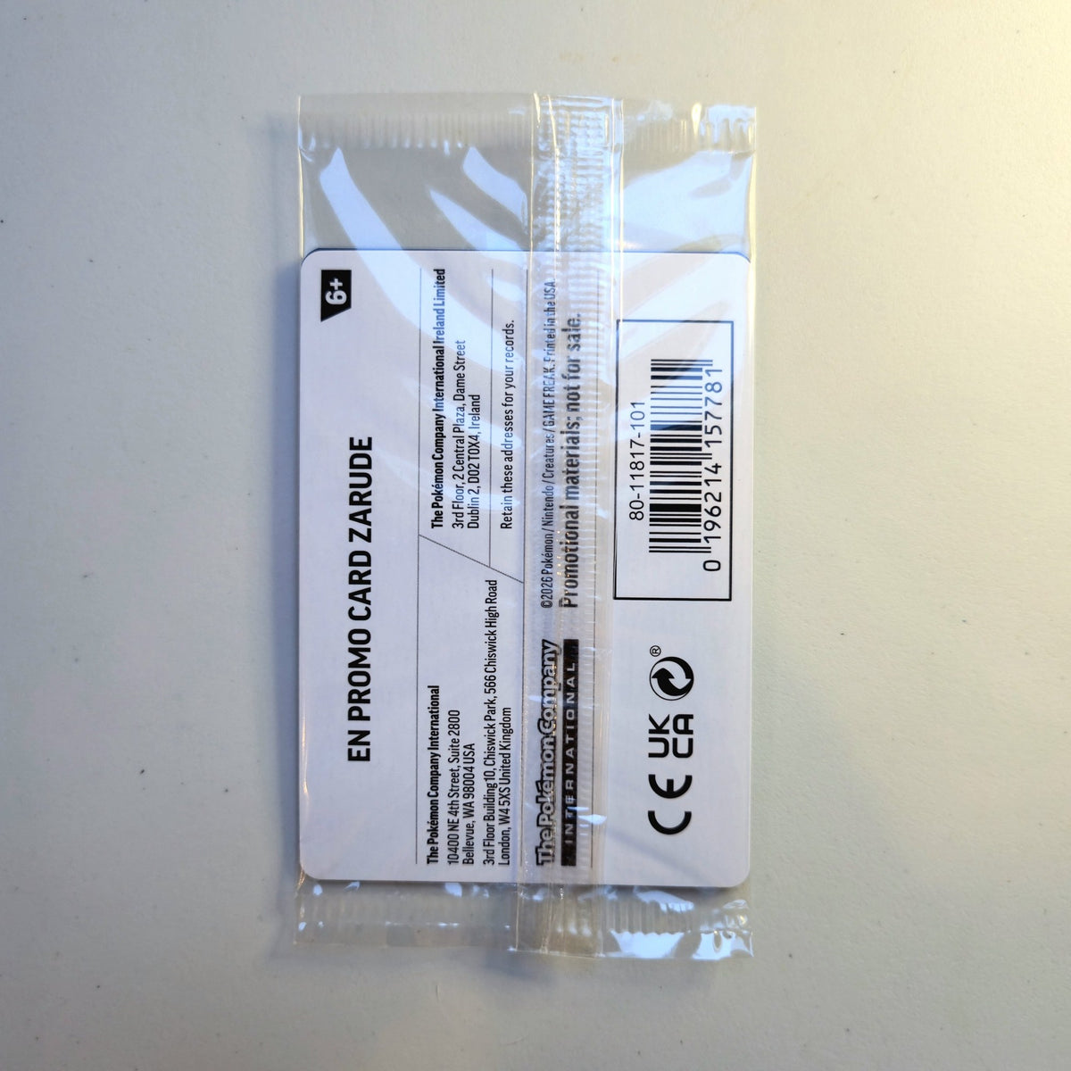 Pokémon TCG Zarude Pitch Black promo, sealed wrapper back with barcode